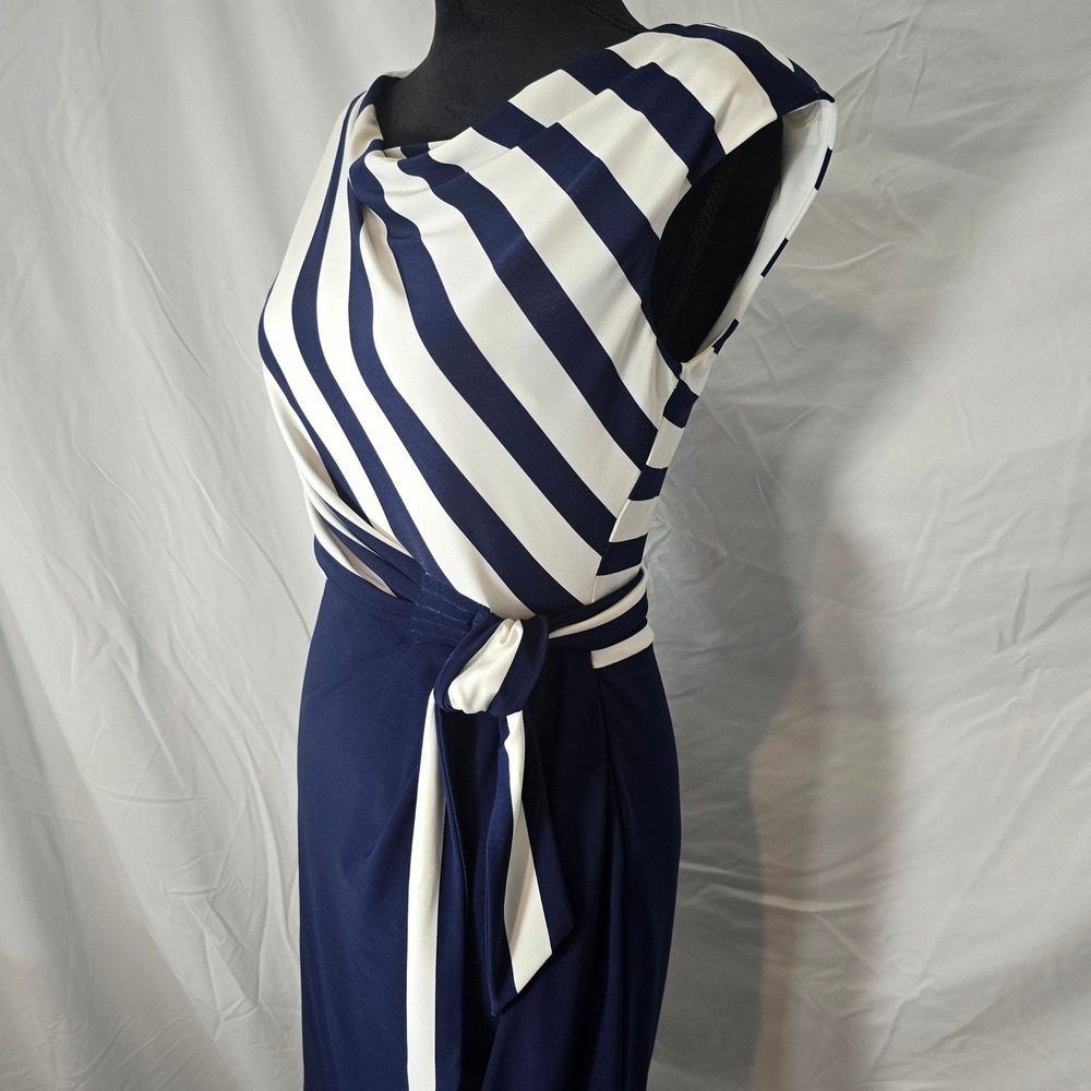 Lauren Ralph Lauren Navy White Striped Faux Wrap Sheath Dress 8P Tie Waist - Picture 2 of 7
